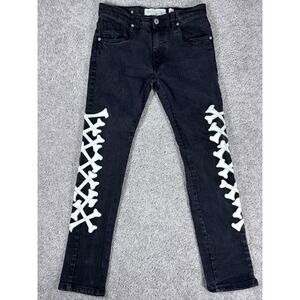 Evolution In Design Black Denim Jeans White Bone Patch Skinny Size 16